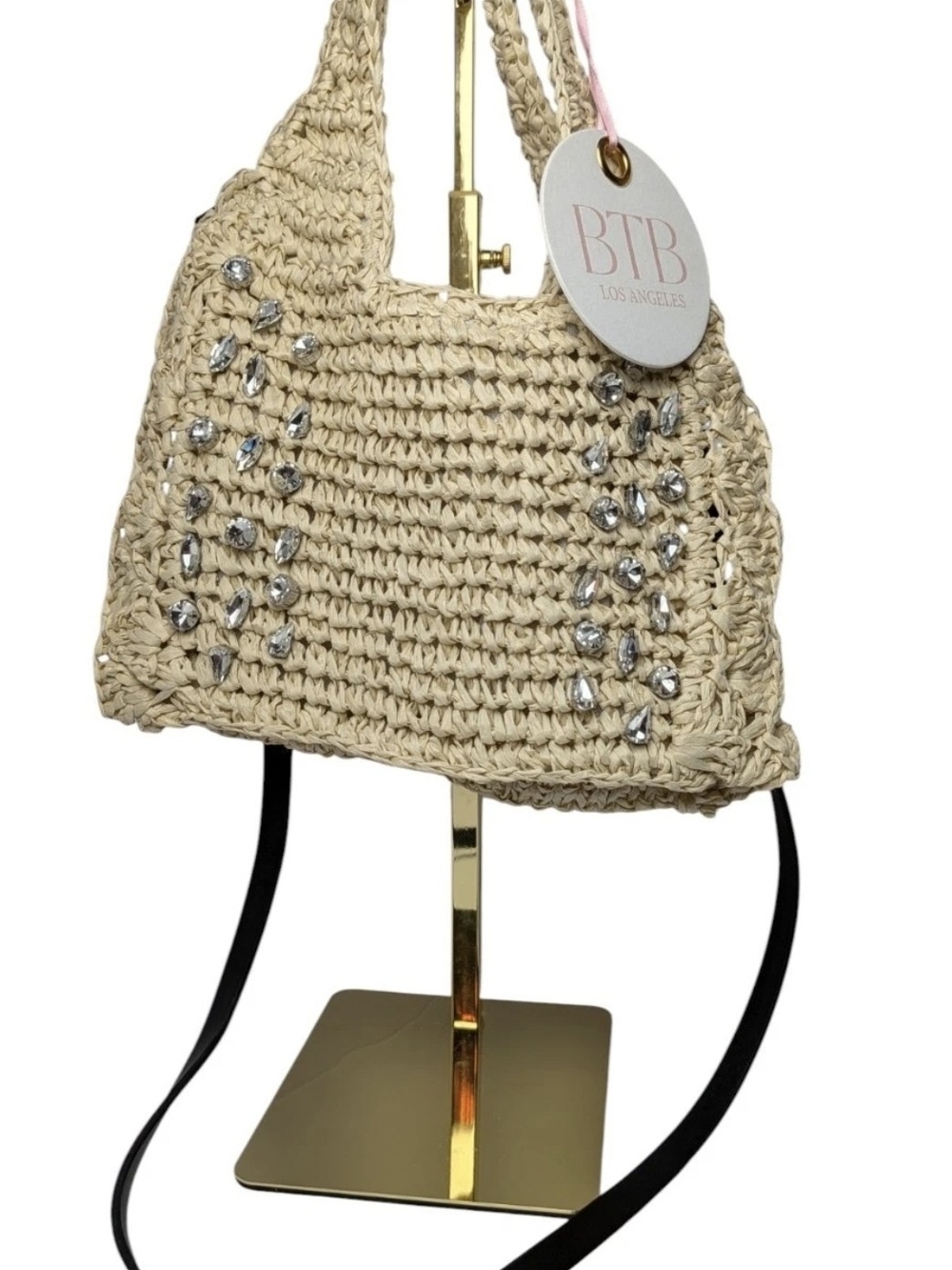 BTB Los Angeles Beige Crochet Crossbody With Rhinestone Embellishments
